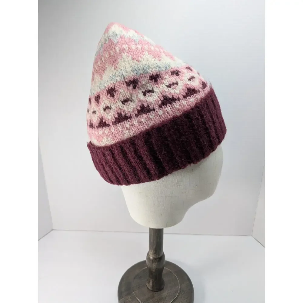 Vince Camuto Knit Brushed Fair Isle Beanie Color Wine‎ Winter Cold Weather Hat